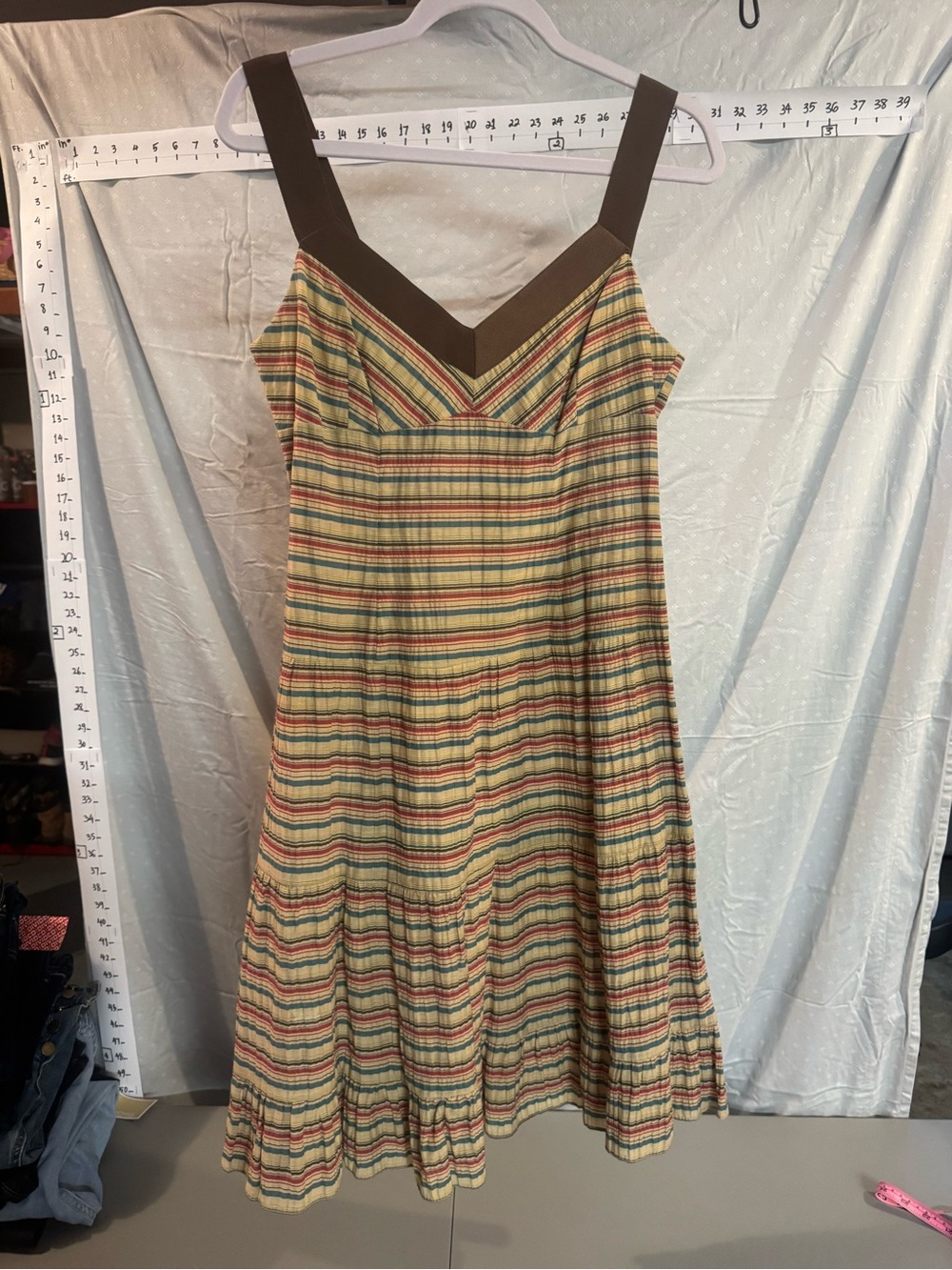 Nanette Lepore Striped Midi Dress in Beige, Red & Green with Brown Trim